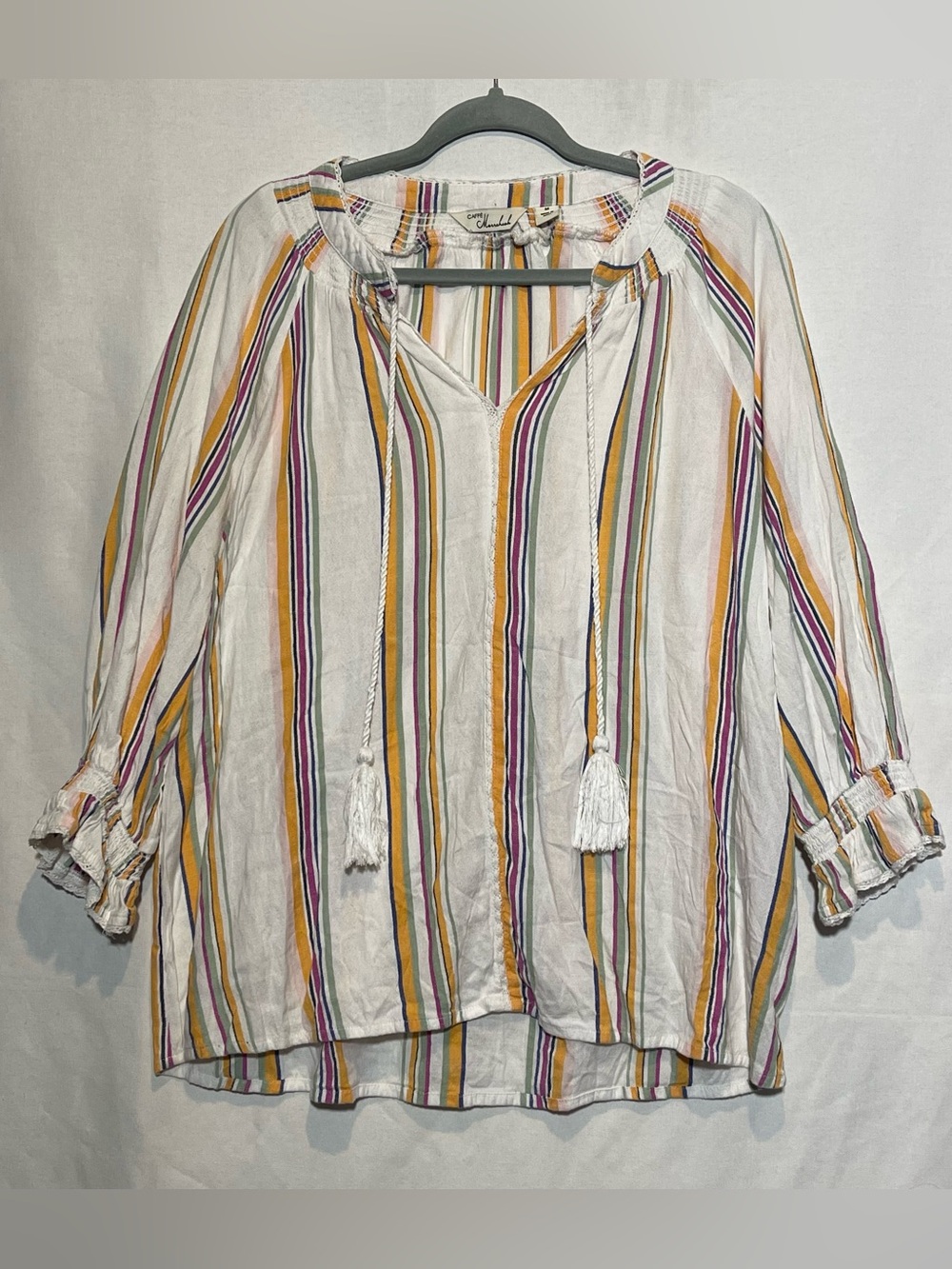 Caffé Marrakesh Striped Boho Peasant Blouse Tassel Tie Neck Top